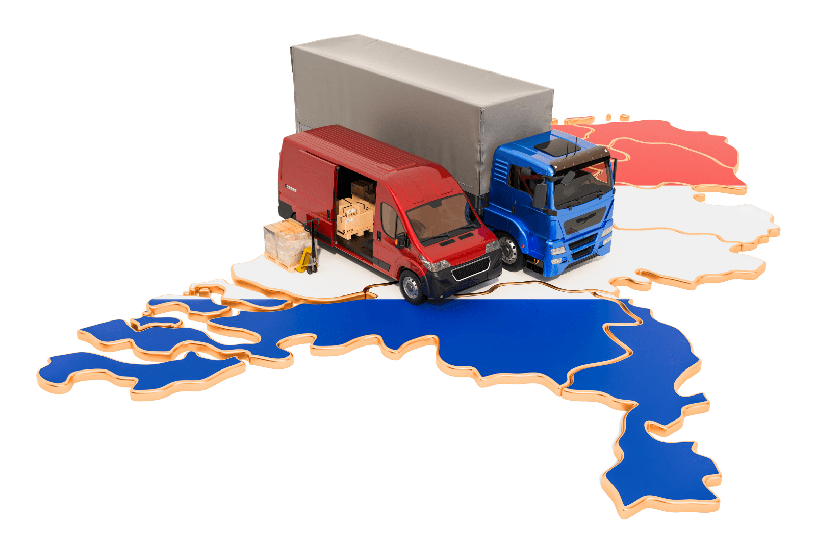 Freight truck and delivery van on a Netherlands map logistics scene