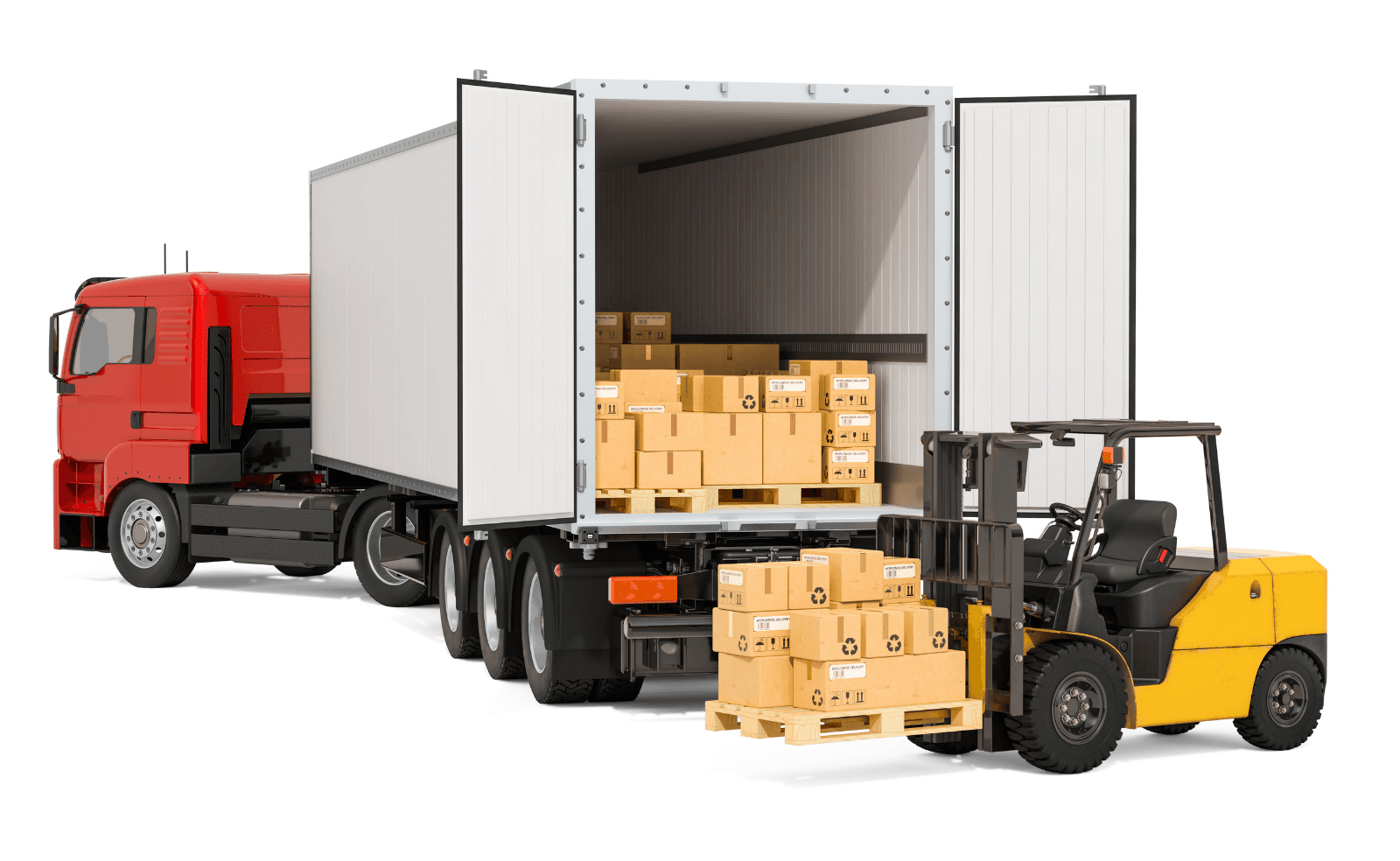 Forklift loading palletised boxes into a delivery trailer