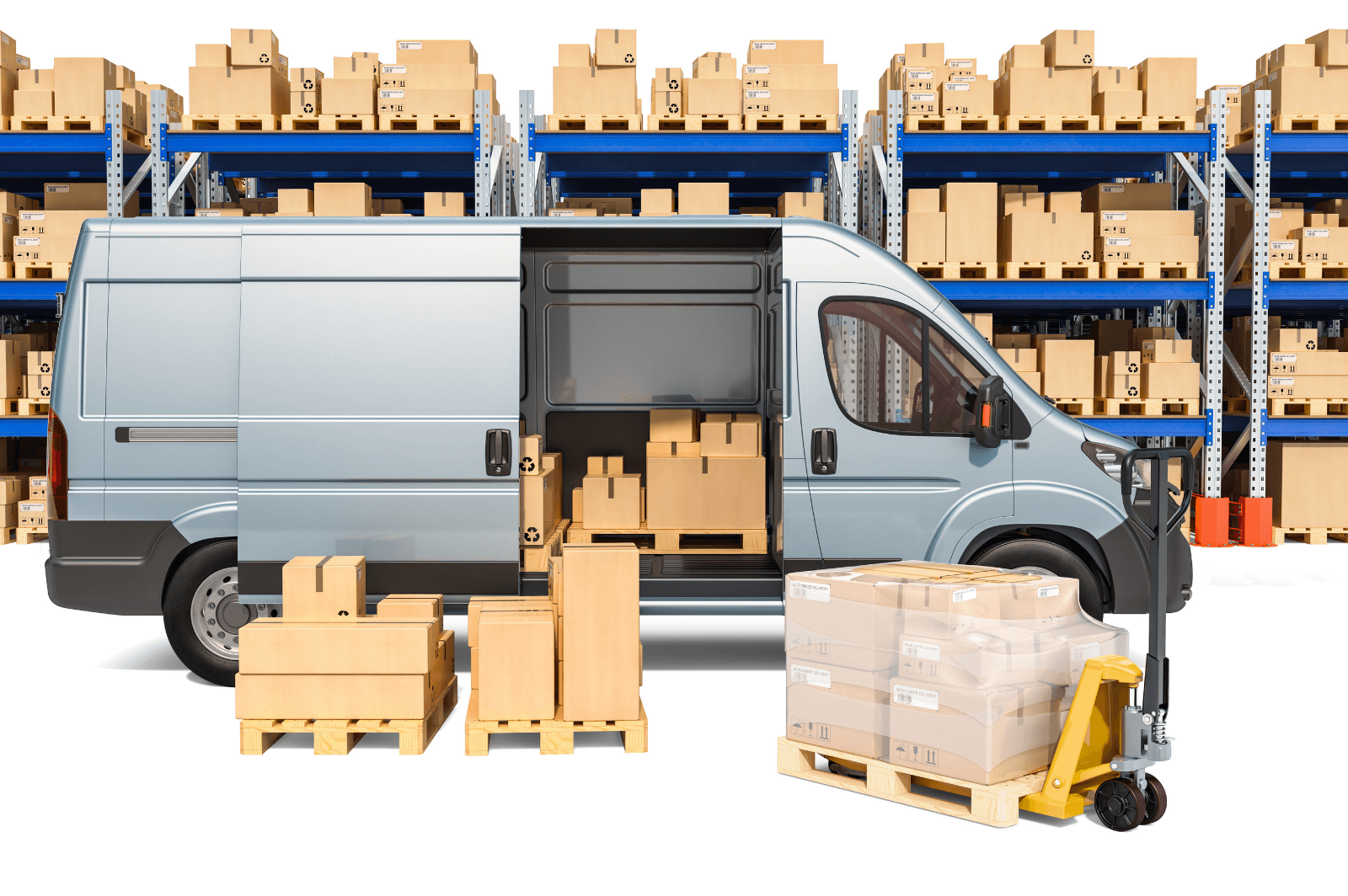 Delivery van open beside warehouse shelving and palletised boxes