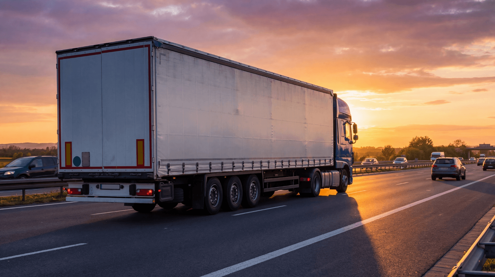 Freight truck on a highway at sunset